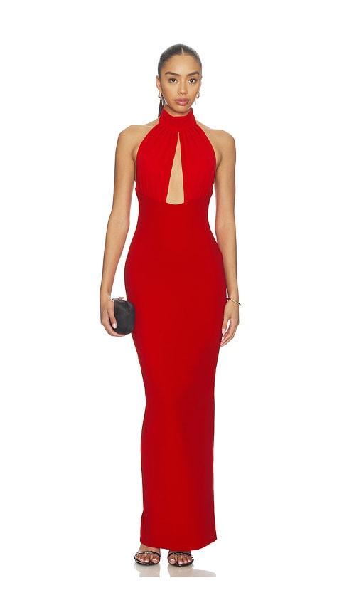 nookie martini halter gown in red.