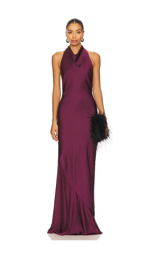 nookie penelope halter gown in purple.