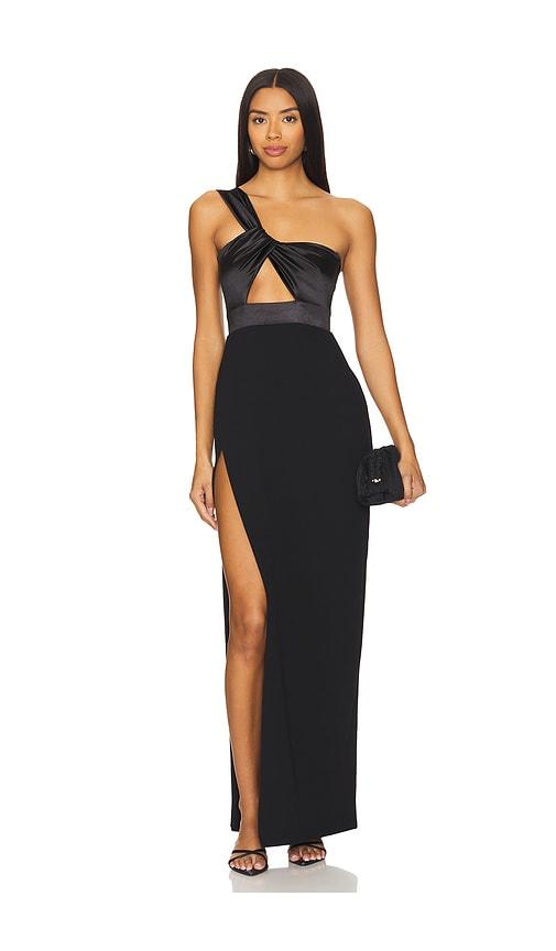 nookie renaissance one shoulder maxi dress in black.