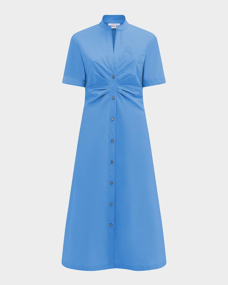 noor ruched stretch cotton midi shirtdress