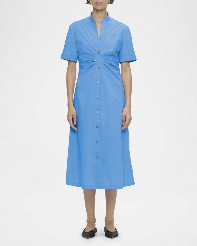 noor ruched stretch cotton midi shirtdress