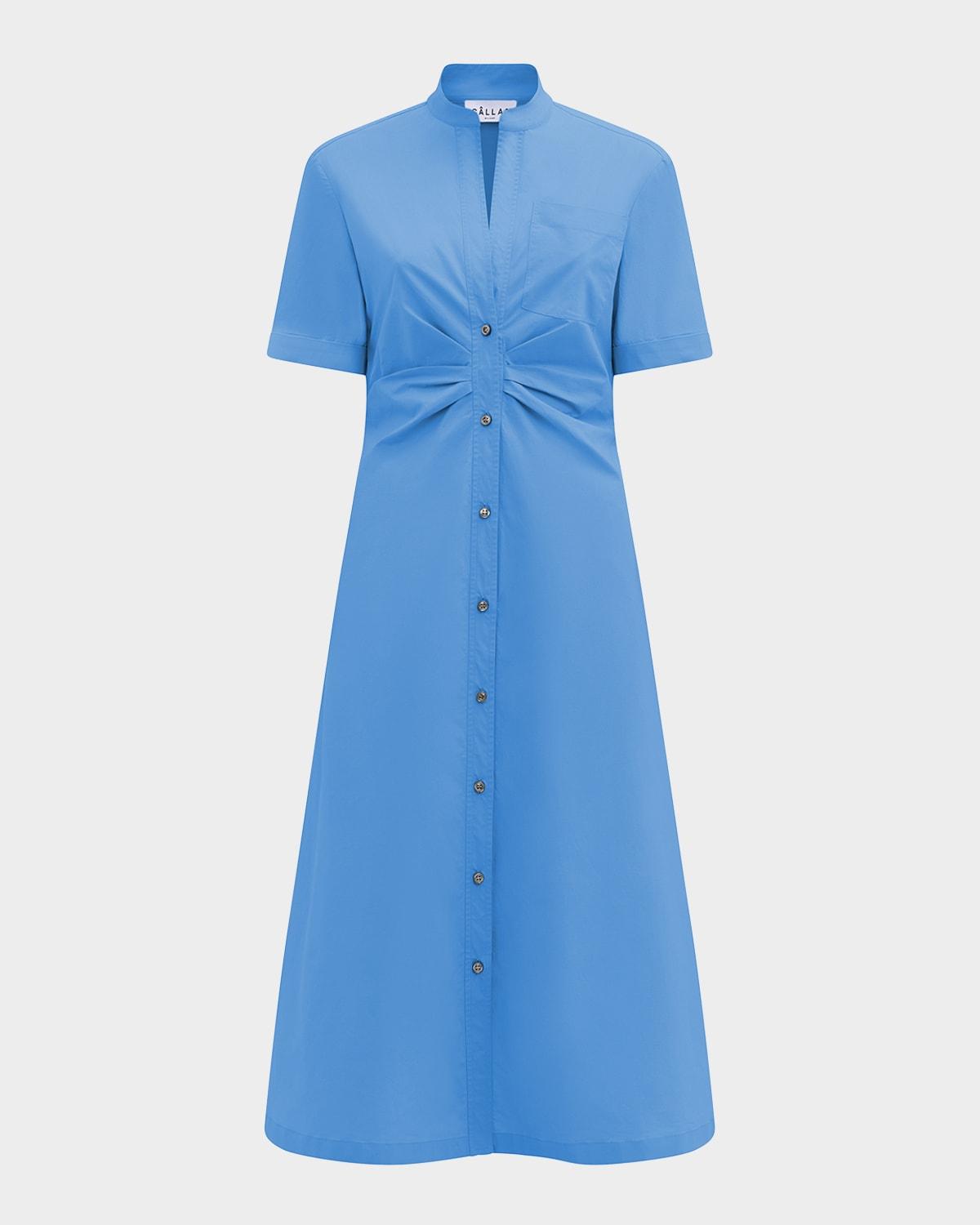 noor ruched stretch cotton midi shirtdress