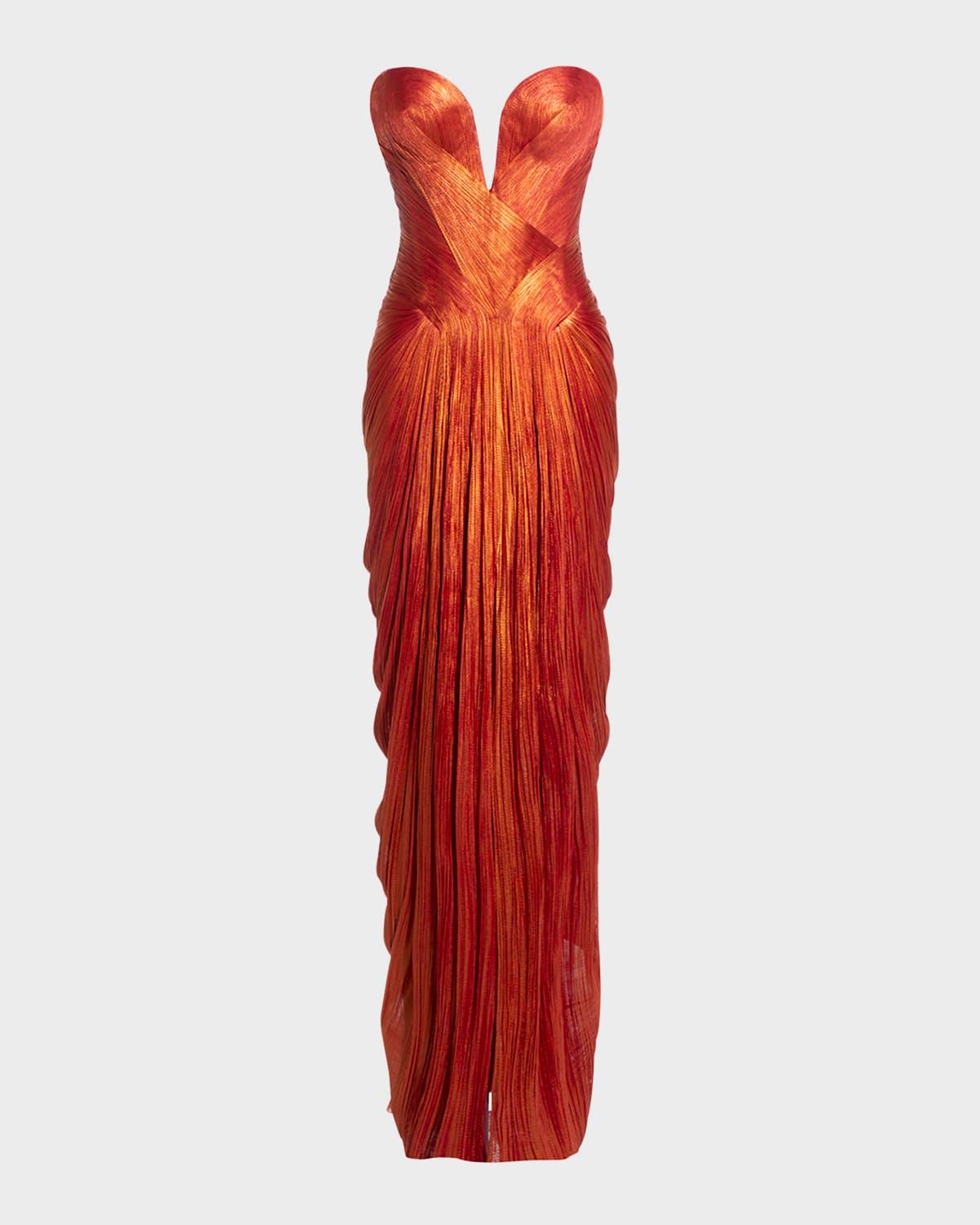noor strapless pleated plisse silk gown
