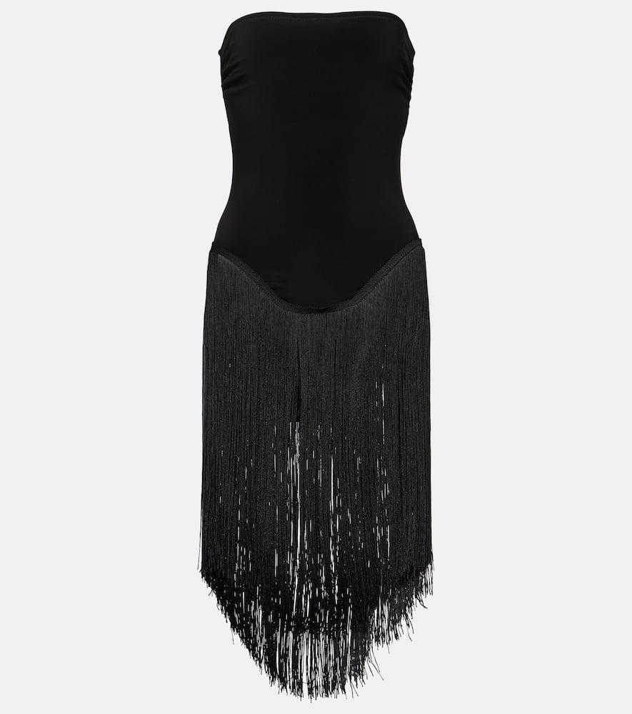 norma kamali 18" fringe bishop strapless minidress