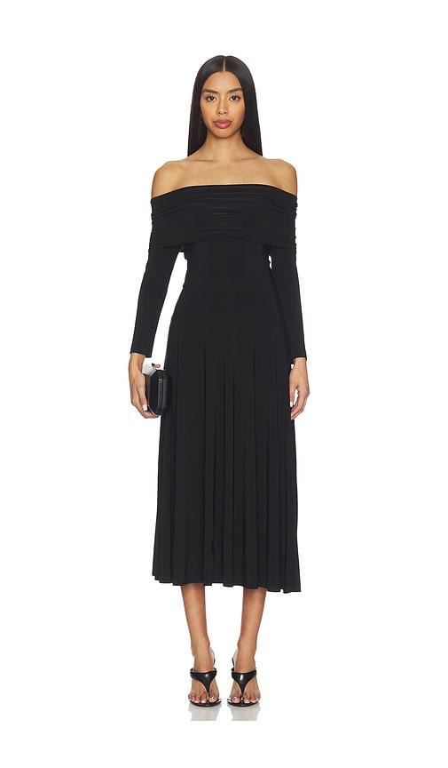 norma kamali 3/4 sleeve cowl neck flared dress in black.
