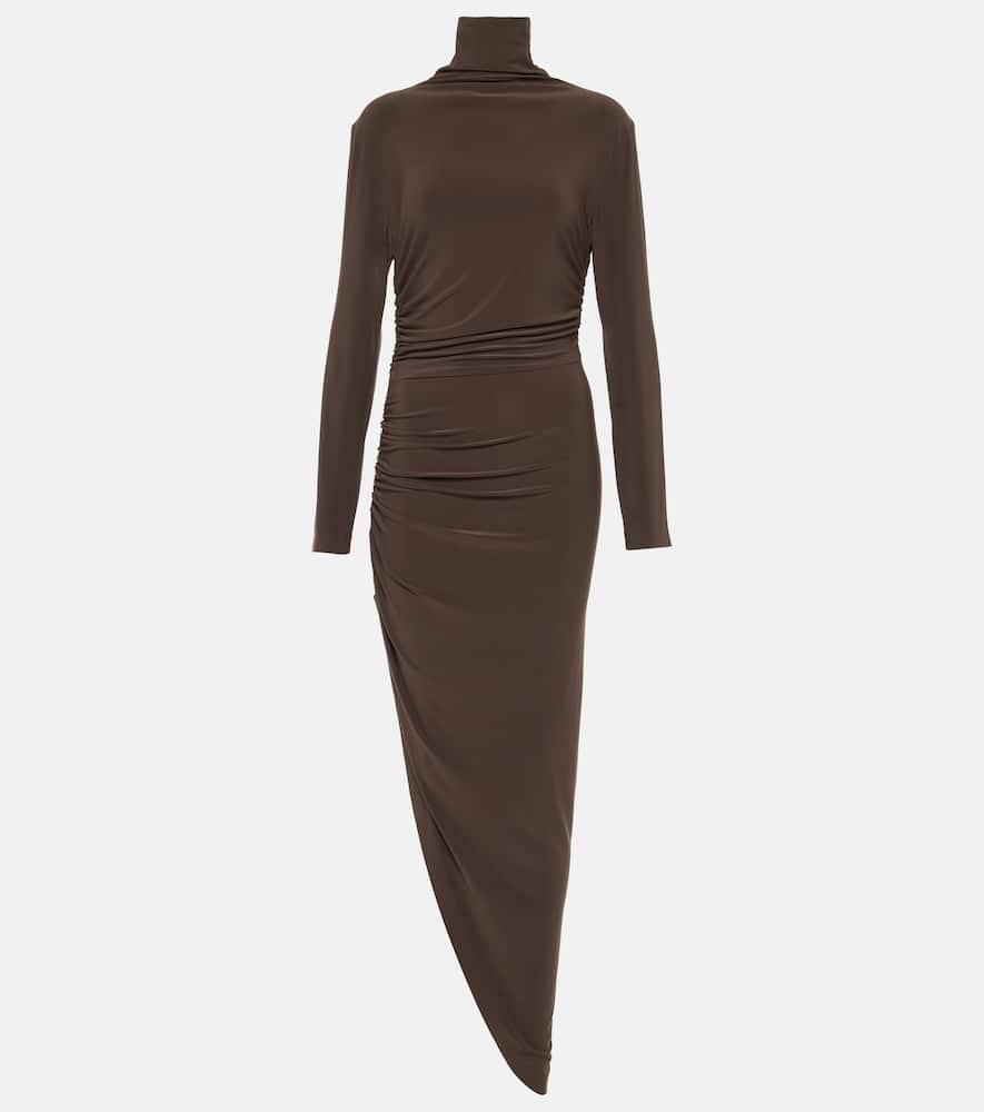 norma kamali asymmetric turtleneck midi dress