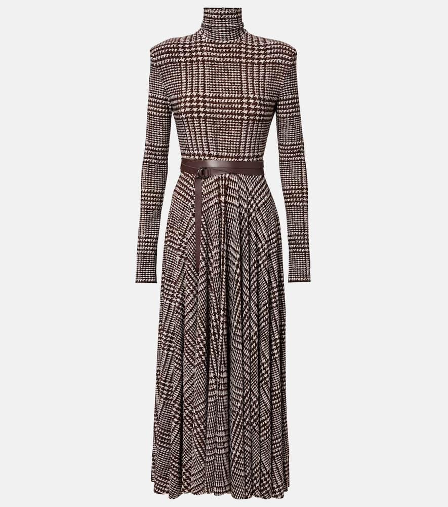 norma kamali belted houndstooth turtleneck midi dress