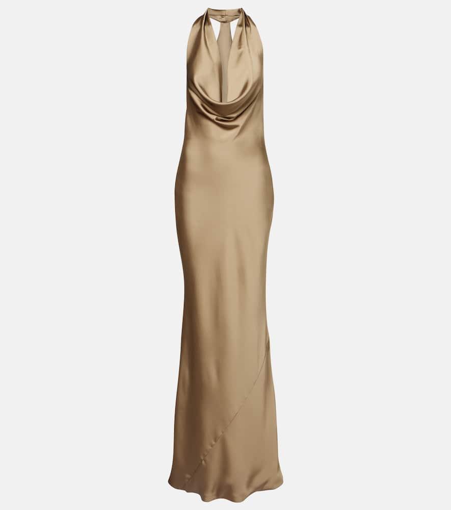norma kamali bias draped halterneck satin gown