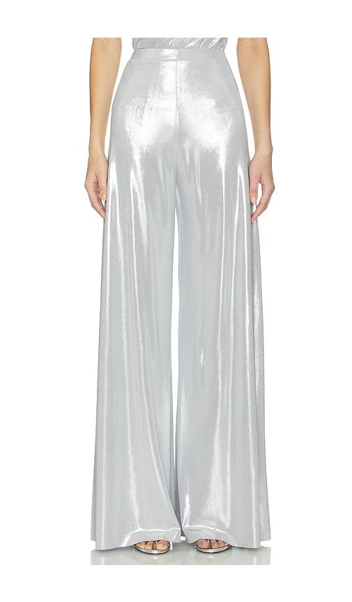 norma kamali bias pant in metallic silver, grey.