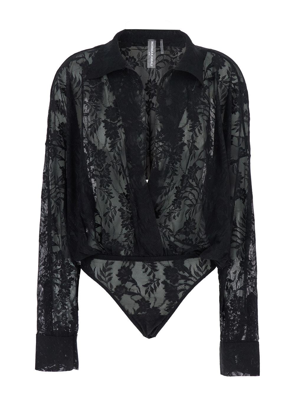 norma kamali black bodysuit with plunging v neck and all-over floral embroidery in tech fabric stretch woman