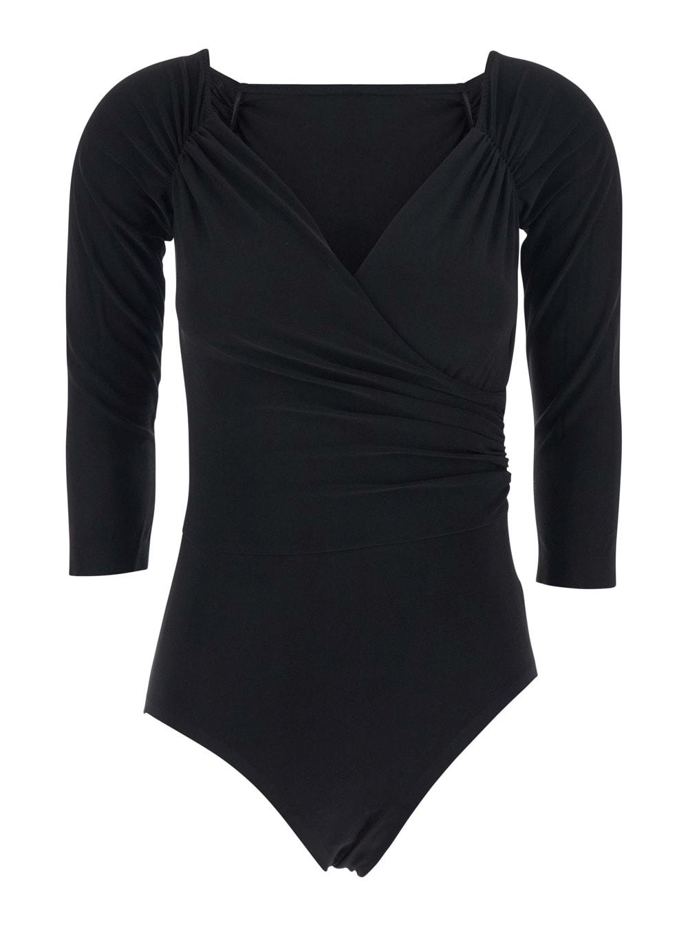 norma kamali black bodysuit with sweetheart neckline in tech fabric stretch woman