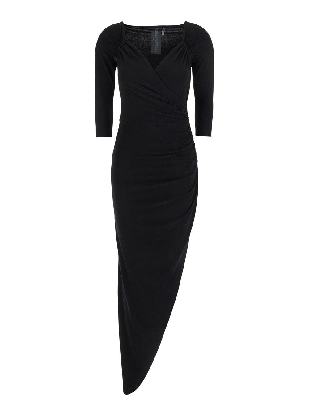 norma kamali black dress with draped details and bare shoulders in tech fabric woman