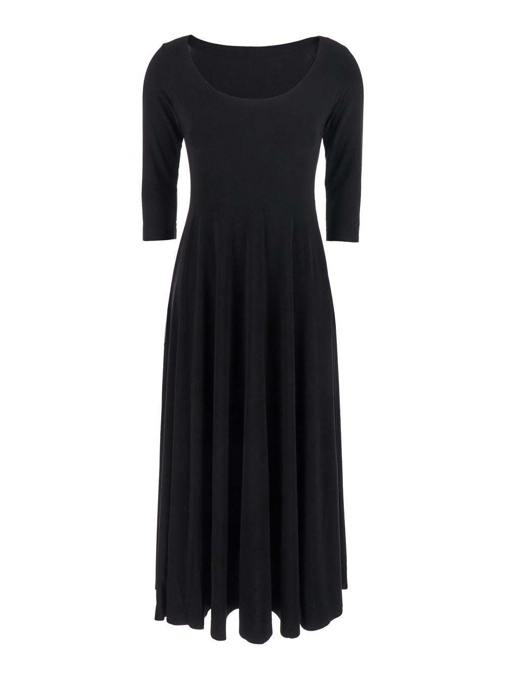 norma kamali black long dress with round neck and flared skirt in tech fabric stretch woman