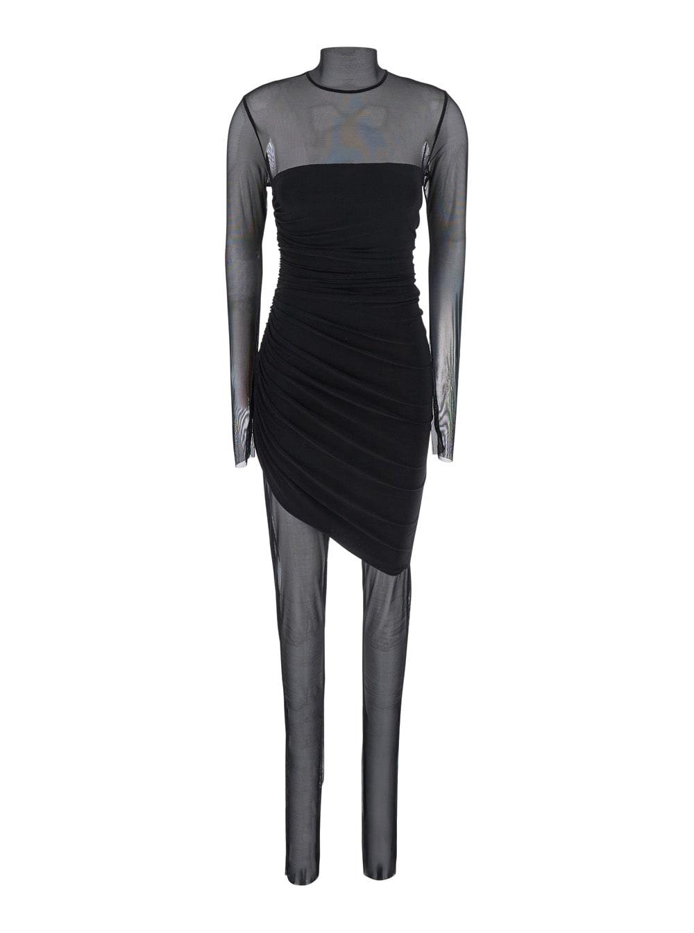 norma kamali black mini dress with asymmetric hem and mesh sleeves in tech fabric woman