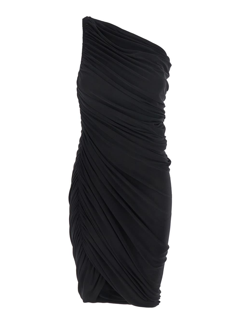 norma kamali black one-shoulder dress with asymmetric neckline and all-over ruches in tech fabric stretch woman