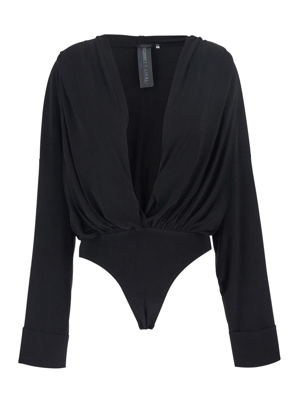 norma kamali black oversized blouse with ruffles and fixed hood in tech fabric woman