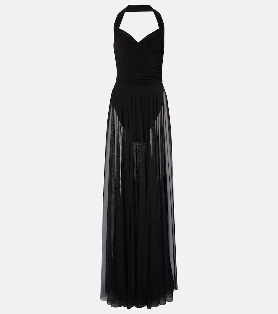 norma kamali cayla draped mesh maxi dress