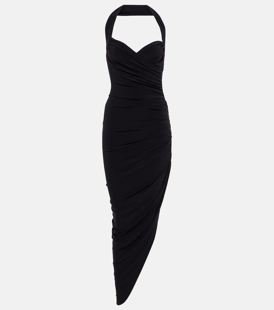 norma kamali cayla halterneck ruched midi dress