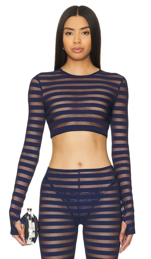 norma kamali cropped long sleeve crewneck top in navy.