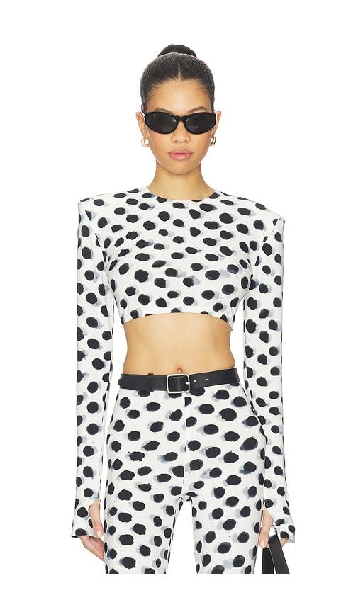 norma kamali cropped long sleeve shoulder pad top in black,white.