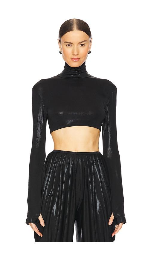 norma kamali cropped slim fit long sleeve turtleneck top in black.