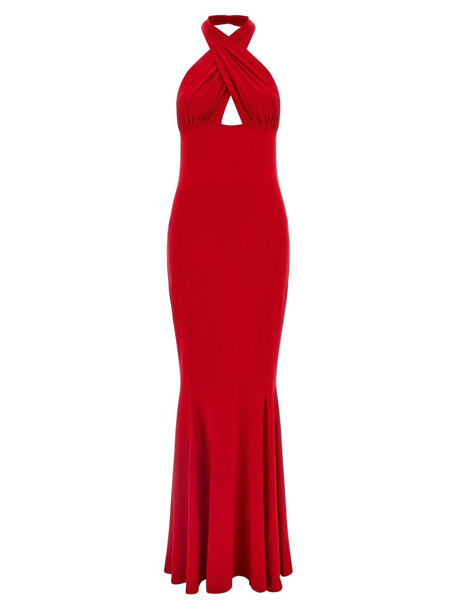 norma kamali cross halter fishtail dress