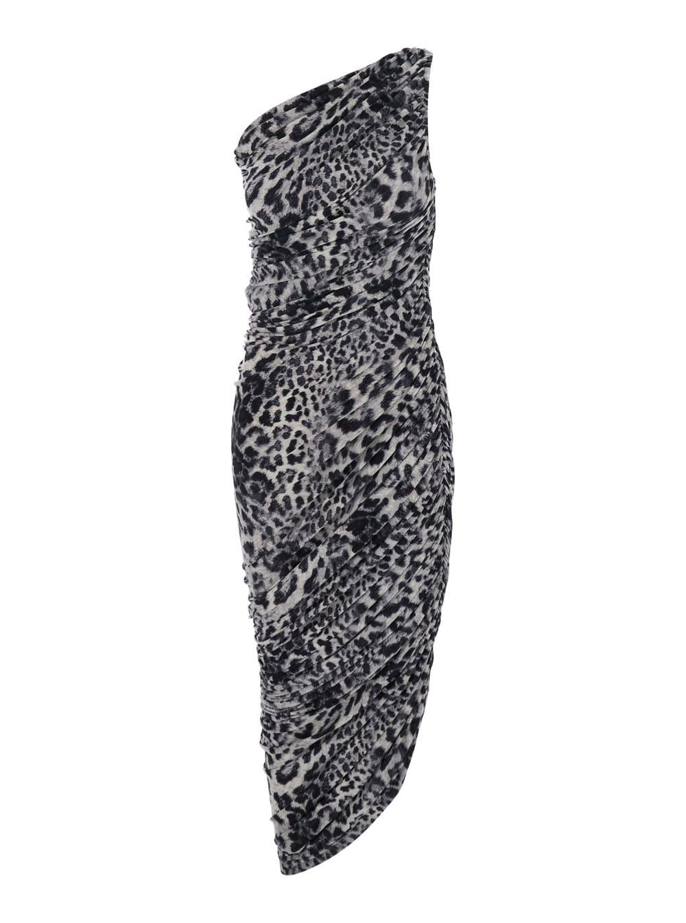 norma kamali diana grey one-shoulder dress with asymmetric hem and all-over leopard motif in tech fabric stretch woman