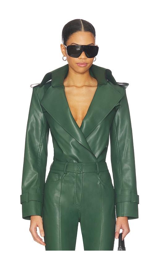 norma kamali double breasted trench bodysuit in army.
