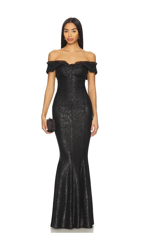 norma kamali double drop shoulder grace fishtail gown in black.