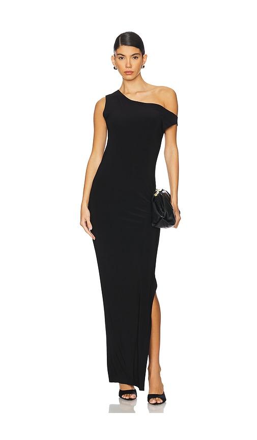 norma kamali drop shoulder fitted gown in black.