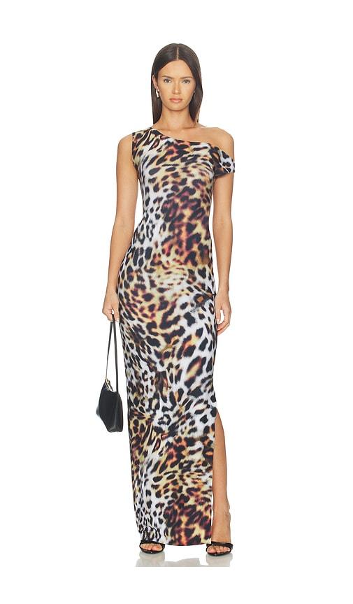 norma kamali drop shoulder fitted gown in brown.