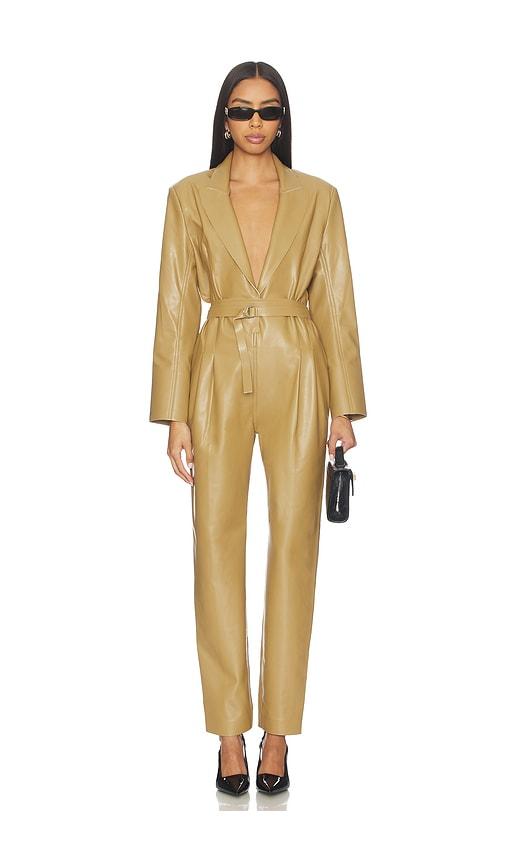 norma kamali easy fit single breasted tapered leg jumpsuit in tan.