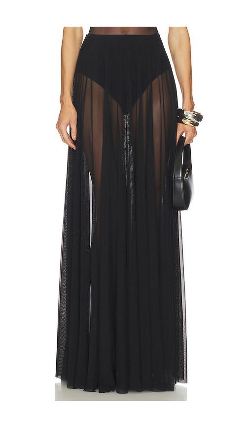 norma kamali flared skirt to floor in black.