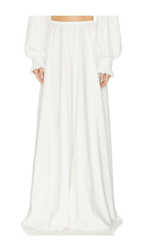 norma kamali flared skirt to floor in white.