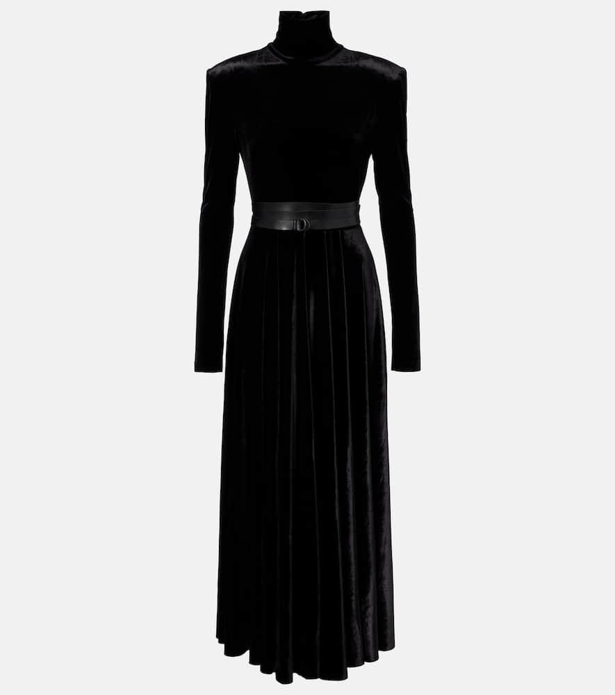 norma kamali flared turtleneck velvet midi dress