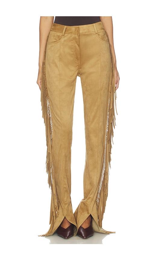 norma kamali fringe spat jeans in tan.