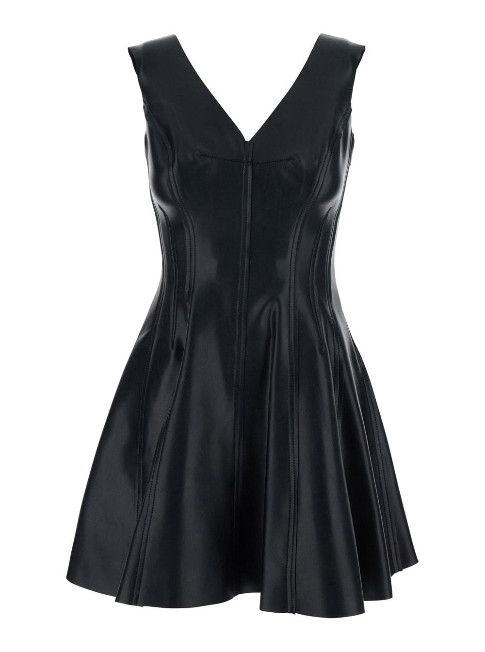 norma kamali grace black short dress with v-neck in faux leather woman