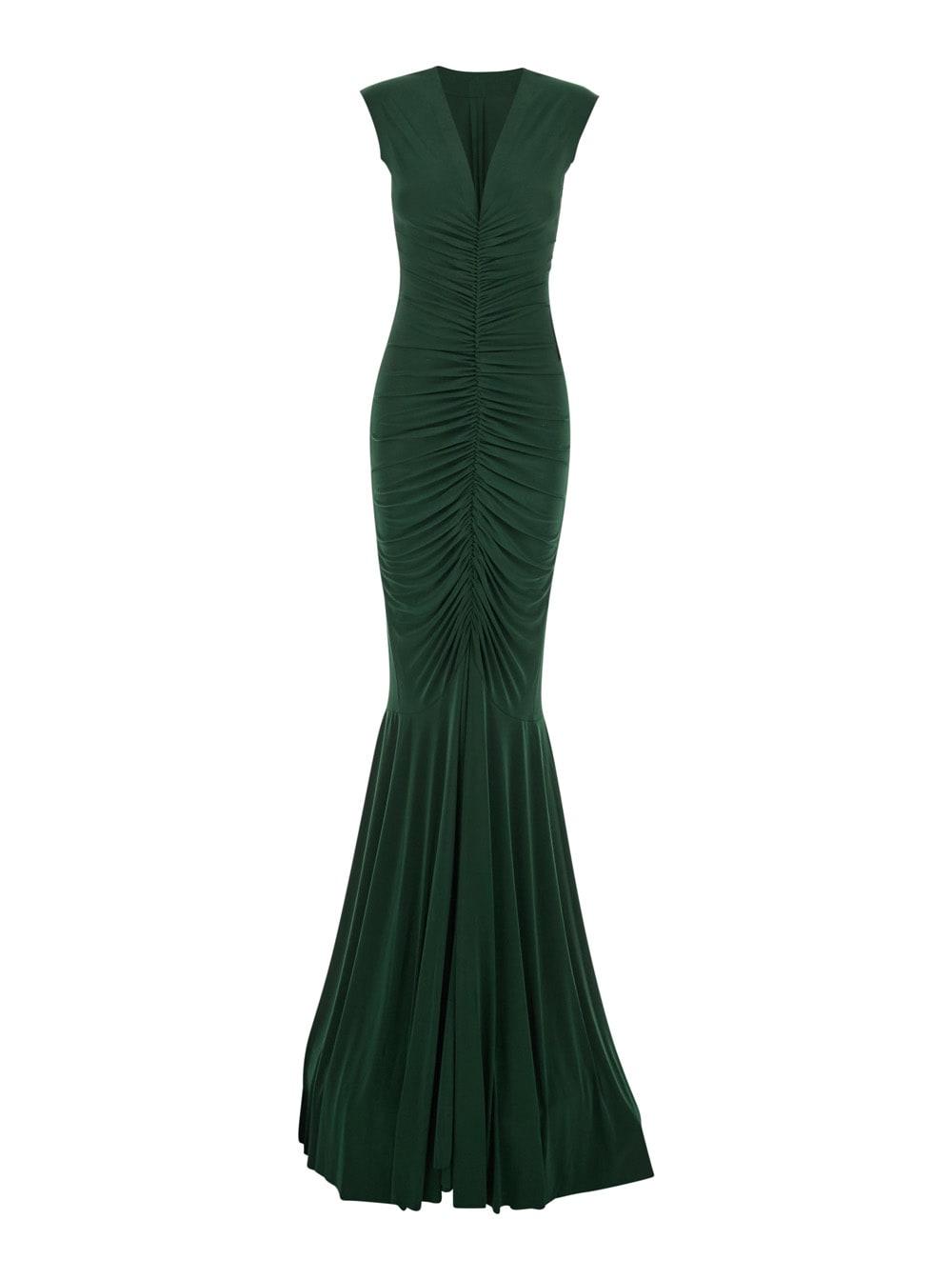 norma kamali green sleeveless long dress with v neck and flared skirt in tech fabric stretch woman