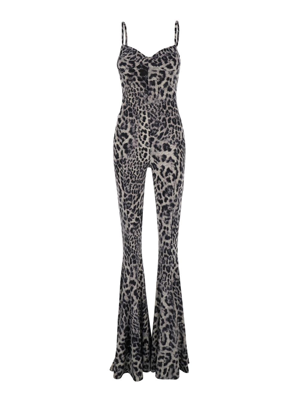 norma kamali grey jumpsuit with adjustable shoulder straps and all-over leopard motif in tech fabric stretch woman