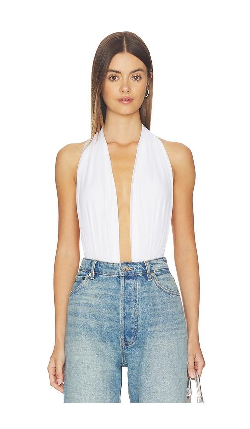 norma kamali halter bodysuit in white.