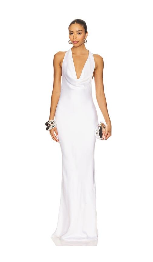 norma kamali halter drape bias gown in white.
