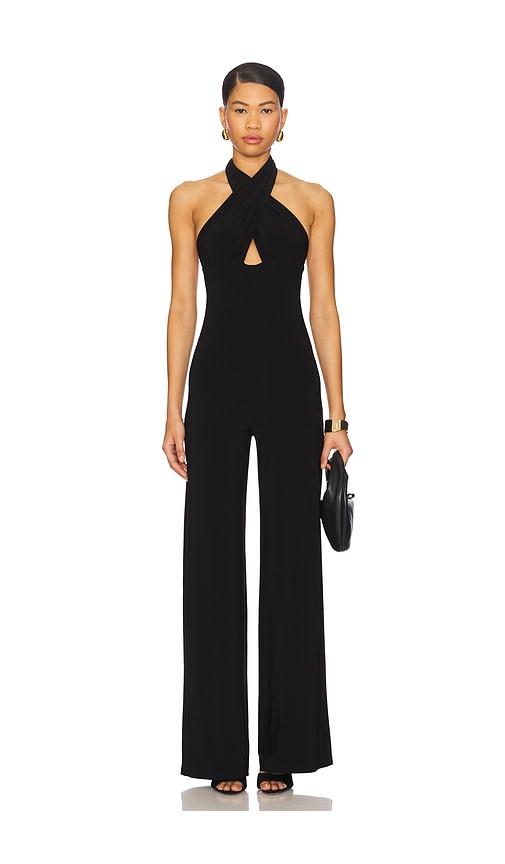 norma kamali halter straight leg jumpsuit in black.