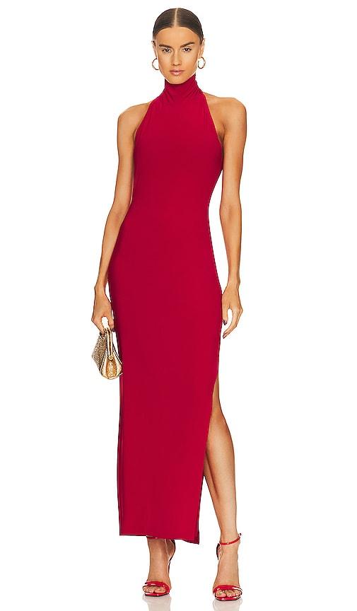 norma kamali halter turtleneck side slit gown in red.