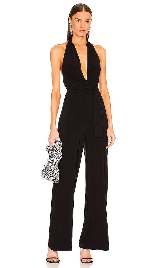 norma kamali halter wrap straight leg jumpsuit in black.
