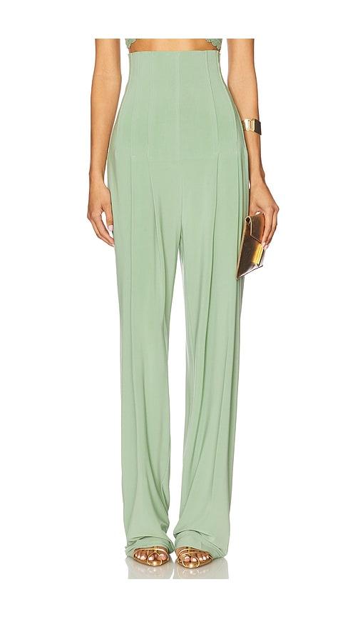norma kamali high waist tailored pleat pant in green.