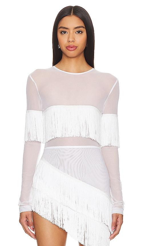 norma kamali long sleeve crewneck fringe top in white.