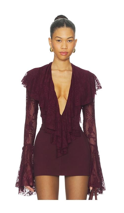 norma kamali long sleeve deep v ruffle bodysuit in burgundy.