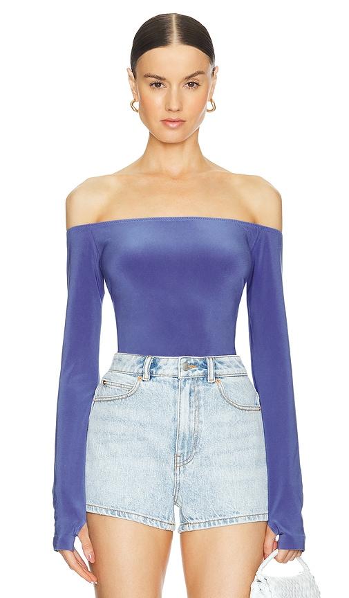 norma kamali long sleeve off shoulder top in blue.