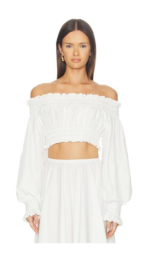 norma kamali long sleeve peasant cropped top in white.