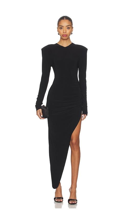 norma kamali long sleeve shoulder pad v neck side drape gown in black.